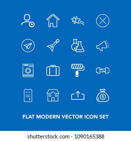Modern, simple vector icon set on blue background with banking, account, finance, user, airport, exercise, money, shiny, delete, luggage, download, machine, business, sign, appliance, falling icons