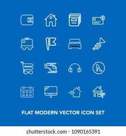 Modern, simple vector icon set on blue background with sound, bank, music, cash, purse, frame, laptop, travel, calendar, time, credit, wallet, pc, rent, balance, home, estate, audio, stereo, air icons