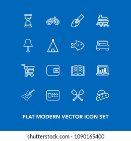 Modern, simple vector icon set on blue background with oar, music, literature, clock, ufo, technology, hour, bike, finance, canoe, graphic, white, cash, laptop, safety, ship, musical, space icons