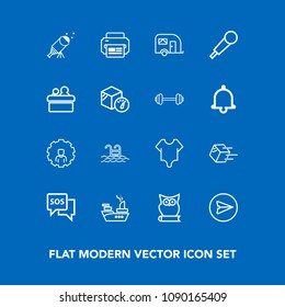Modern, simple vector icon set on blue background with internet, account, sos, military, web, owl, communication, astronomy, fashion, swimming, summer, blue, star, emergency, sky, bodysuit, sea icons