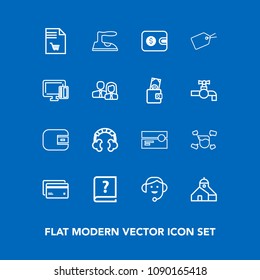 Modern, simple vector icon set on blue background with supermarket, tape, list, card, call, purse, graphic, sign, ironing, audio, finance, headset, stereo, cassette, web, sound, clothes, office icons