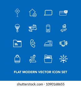 Modern, simple vector icon set on blue background with cooler, clothes, iron, fashion, voice, loud, leather, technology, folder, sound, display, blank, telephone, business, ironing, domestic icons