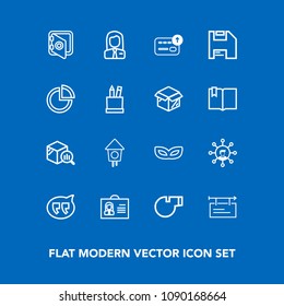 Modern, simple vector icon set on blue background with object, wooden, banking, profile, internet, house, screen, people, display, mask, employer, bubble, trend, statistic, blank, home, party icons