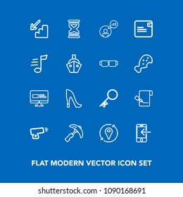 Modern, simple vector icon set on blue background with freelance, mobile, female, sign, paper, security, work, technology, military, location, phone, business, gun, upstairs, door, down, high icons