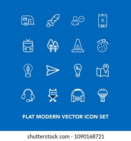 Modern, simple vector icon set on blue background with stereo, account, transportation, call, concept, creative, blade, extreme, microphone, sky, chair, user, seat, medieval, location, sound icons