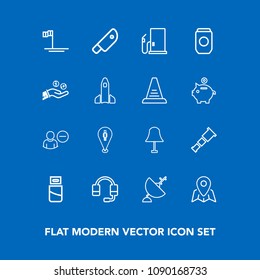 Modern, simple vector icon set on blue background with sign, cable, beach, travel, light, can, dish, electricity, fuel, gasoline, astronomy, blue, mexico, call, account, cut, usb, ocean, lamp icons