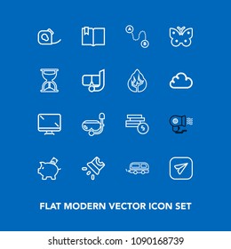 Modern, simple vector icon set on blue background with book, money, summer, monitor, transportation, business, cash, bus, finance, hair, email, fan, bank, investment, coin, click, open, white icons