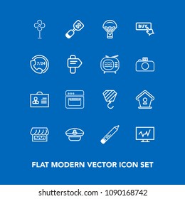 Modern, simple vector icon set on blue background with office, hat, ventilator, medicine, food, birdhouse, pen, internet, equipment, cooking, air, technology, cooler, bird, tool, diagnostic, fan icons