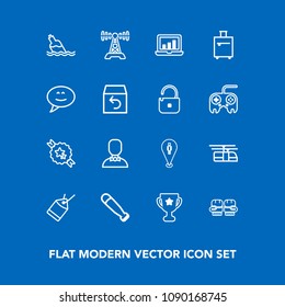 Modern, simple vector icon set on blue background with label, ribbon, award, rail, wood, sale, first, fight, radio, computer, internet, achievement, tag, water, bat, transportation, laptop, sky icons