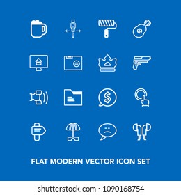 Modern, simple vector icon set on blue background with paint, blank, way, coffee, audio, cup, hand, file, summer, roll, label, finger, telephone, arrow, click, bubble, parasol, sun, direction icons