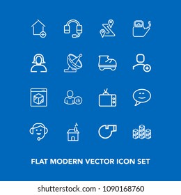 Modern, simple vector icon set on blue background with navigation, microphone, storage, business, kettle, location, tv, kitchen, house, referee, apartment, warehouse, chat, status, social, map icons