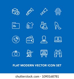 Modern, simple vector icon set on blue background with photography, box, egyptian, package, money, ring, extreme, communication, cash, purse, wheel, bugle, infographic, cooking, chart, bbq, call icons