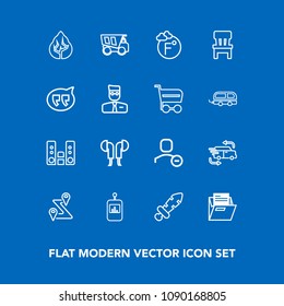 Modern, simple vector icon set on blue background with temperature, car, office, remote, nature, headset, thermometer, dumper, music, player, control, play, tipper, road, file, blank, television icons