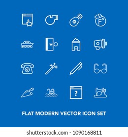 Modern, simple vector icon set on blue background with cell, shovel, machine, pool, technology, click, mouse, glasses, home, blue, fashion, pencil, sport, referee, music, magic, internet, object icons