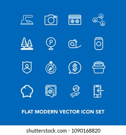 Modern, simple vector icon set on blue background with label, north, chief, cargo, protect, cook, banking, lens, circle, package, security, shipping, phone, photo, food, transfer, east, mobile icons