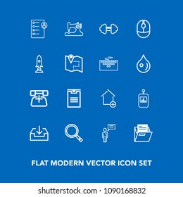 Modern, simple vector icon set on blue background with business, search, person, remote, computer, shipping, machine, document, box, package, tv, control, apartment, folder, blank, sew, workout icons