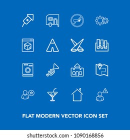 Modern, simple vector icon set on blue background with festival, laundry, map, home, building, trumpet, jazz, transport, business, glass, appliance, background, cocktail, van, washer, house, pin icons