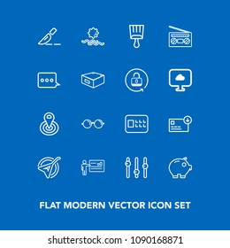 Modern, simple vector icon set on blue background with operation, cash, sack, eyeglasses, presentation, music, paint, cycle, lock, economy, sunrise, morning, finance, folk, people, bank, sun icons