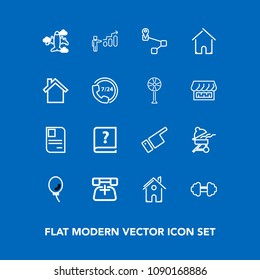 Modern, simple vector icon set on blue background with people, house, book, home, workout, old, telephone, personal, travel, development, identity, balloon, building, grill, direction, barbecue icons