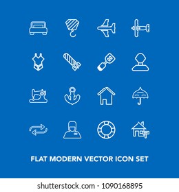 Modern, simple vector icon set on blue background with business, fashion, sewing, open, airplane, inflatable, aircraft, pool, replace, construction, umbrella, estate, anchor, protection, white icons