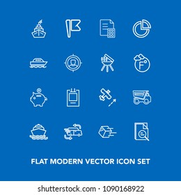 Modern, simple vector icon set on blue background with tipper, airplane, concept, investment, finance, money, america, truck, graph, national, nation, fast, package, coin, target, chart, flight icons
