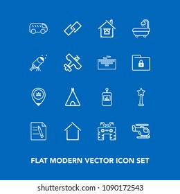 Modern, simple vector icon set on blue background with bus, house, direction, location, travel, link, work, left, medal, wheel, helicopter, business, atv, quad, document, office, control, tv icons