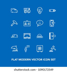 Modern, simple vector icon set on blue background with dumper, shorts, transport, sunrise, dump, van, fashion, energy, chat, dolphin, justice, truck, lock, electricity, bulb, safety, hat, animal icons