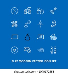 Modern, simple vector icon set on blue background with bank, sign, food, face, web, property, talk, pin, message, rent, money, button, late, chat, fruit, sitting, pear, fresh, technology, ball icons