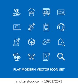 Modern, simple vector icon set on blue background with box, web, search, communication, hanger, finance, unpacking, chart, credit, dont, cafe, new, infographic, doorknob, door, package, card icons