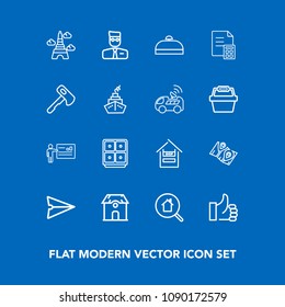 Modern, simple vector icon set on blue background with web, eiffel, success, people, home, pin, location, up, food, estate, cart, communication, map, trip, search, landmark, businessman, real icons