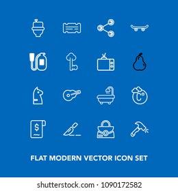 Modern, simple vector icon set on blue background with fahrenheit, thermometer, bag, skate, shovel, chessboard, clinic, white, sale, object, leather, interior, medical, restroom, wc, style, sign icons