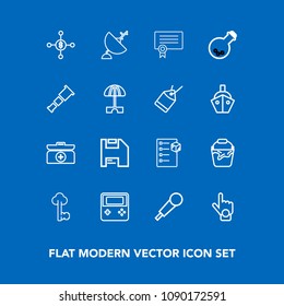 Modern, simple vector icon set on blue background with bucket, vintage, web, lock, sound, metal, finger, key, antenna, handle, computer, mic, investment, business, diploma, finance, money, arrow icons