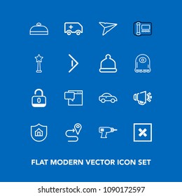 Modern, simple vector icon set on blue background with medical, vehicle, ambulance, loud, house, taxi, closed, road, message, map, car, drill, email, property, voice, transportation, navigation icons