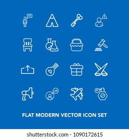 Modern, simple vector icon set on blue background with decoration, business, sign, adventure, perfume, flight, outdoor, tent, loud, beauty, freelance, scene, present, gift, communication, camp icons