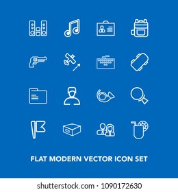 Modern, simple vector icon set on blue background with search, bag, play, jazz, flag, backpack, team, business, america, musical, rucksack, blank, profile, nation, juice, sound, worker, person icons