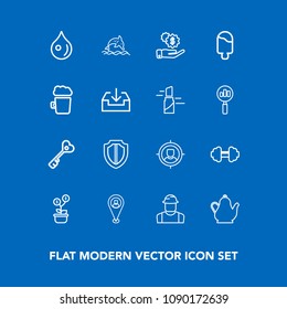 Modern, simple vector icon set on blue background with growth, drink, customer, fitness, sweet, hot, person, tree, liquid, pin, dollar, shield, builder, wildlife, location, marketing, exercise icons
