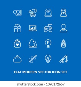 Modern, simple vector icon set on blue background with landscape, call, character, diving, fish, record, road, sound, mask, car, electric, metal, bag, sport, forest, vehicle, urban, alien, glass icons