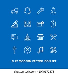 Modern, simple vector icon set on blue background with cooler, global, microphone, white, space, satellite, music, location, wrench, sign, van, canoe, electric, fan, ventilator, truck, estate icons