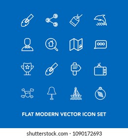 Modern, simple vector icon set on blue background with prize, boat, south, interior, sign, reward, dolphin, video, north, sea, paper, male, water, boy, technology, construction, social, light icons
