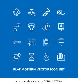 Modern, simple vector icon set on blue background with water, interior, clock, sport, sink, gym, time, hour, exercise, house, relocation, faucet, concept, hourglass, pub, medicine, package, tap icons