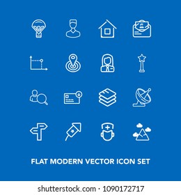 Modern, simple vector icon set on blue background with house, business, nature, sky, parachute, bag, arrow, parachuting, landscape, extreme, communication, human, festival, profile, mountain icons