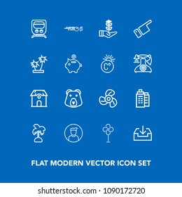 Modern, simple vector icon set on blue background with direction, seedling, hit, animal, pointing, cool, finger, wild, business, tree, grizzly, internet, showing, real, fan, estate, hobby, palm icons