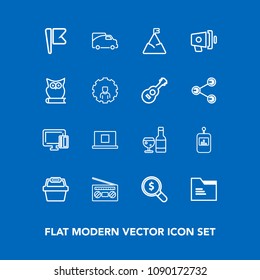 Modern, simple vector icon set on blue background with sound, internet, national, blank, tv, traffic, wine, payment, store, radio, nature, sign, landscape, vehicle, glass, basket, nation, van icons