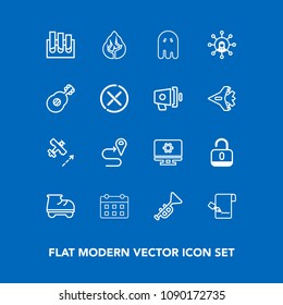 Modern, simple vector icon set on blue background with document, plane, musical, map, pen, navigation, day, airplane, landscape, road, calendar, lock, open, computer, timetable, route, paper icons