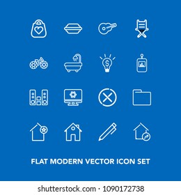 Modern, simple vector icon set on blue background with computer, musical, food, home, write, increase, armchair, pencil, favorite, paper, house, player, object, guitar, blank, lettuce, play, pen icons