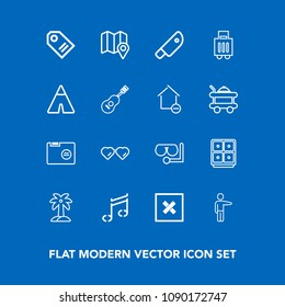 Modern, simple vector icon set on blue background with sun, folder, pin, map, paper, hand, location, knife, meat, food, travel, label, bank, showing, people, safe, price, file, tag, office, palm icons