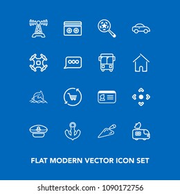 Modern, Simple Vector Icon Set On Blue Background With Communication, Shovel, Identity, Nature, Dolphin, Tv, Web, Van, Id, Shop, Sea, Boat, Cap, Document, Audio, Hat, Stereo, Music, Station Icons