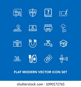 Modern, simple vector icon set on blue background with play, security, plane, book, safety, war, summer, protection, fire, science, package, box, unpacking, bathroom, aid, transportation, cross icons