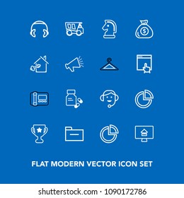 Modern, simple vector icon set on blue background with office, property, chart, pie, financial, tipper, headset, house, technology, dump, headphone, finance, sound, vehicle, stationary, pharmacy icons