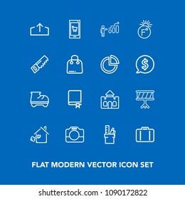 Modern, simple vector icon set on blue background with business, travel, estate, building, music, equipment, technology, library, instrument, handle, leisure, web, book, study, property, app icons